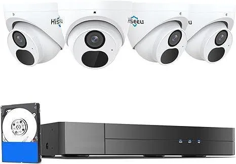 [4K HD Smart Motion Detection 3TB HDD] Hiseeu 4K/8MP PoE Security Camera System Home Security System w/4pcs 4K IP Security Cameras Outdoor Night Vision 4K 8CH H.265 NVR with 3TB HDD for 24/7 Record