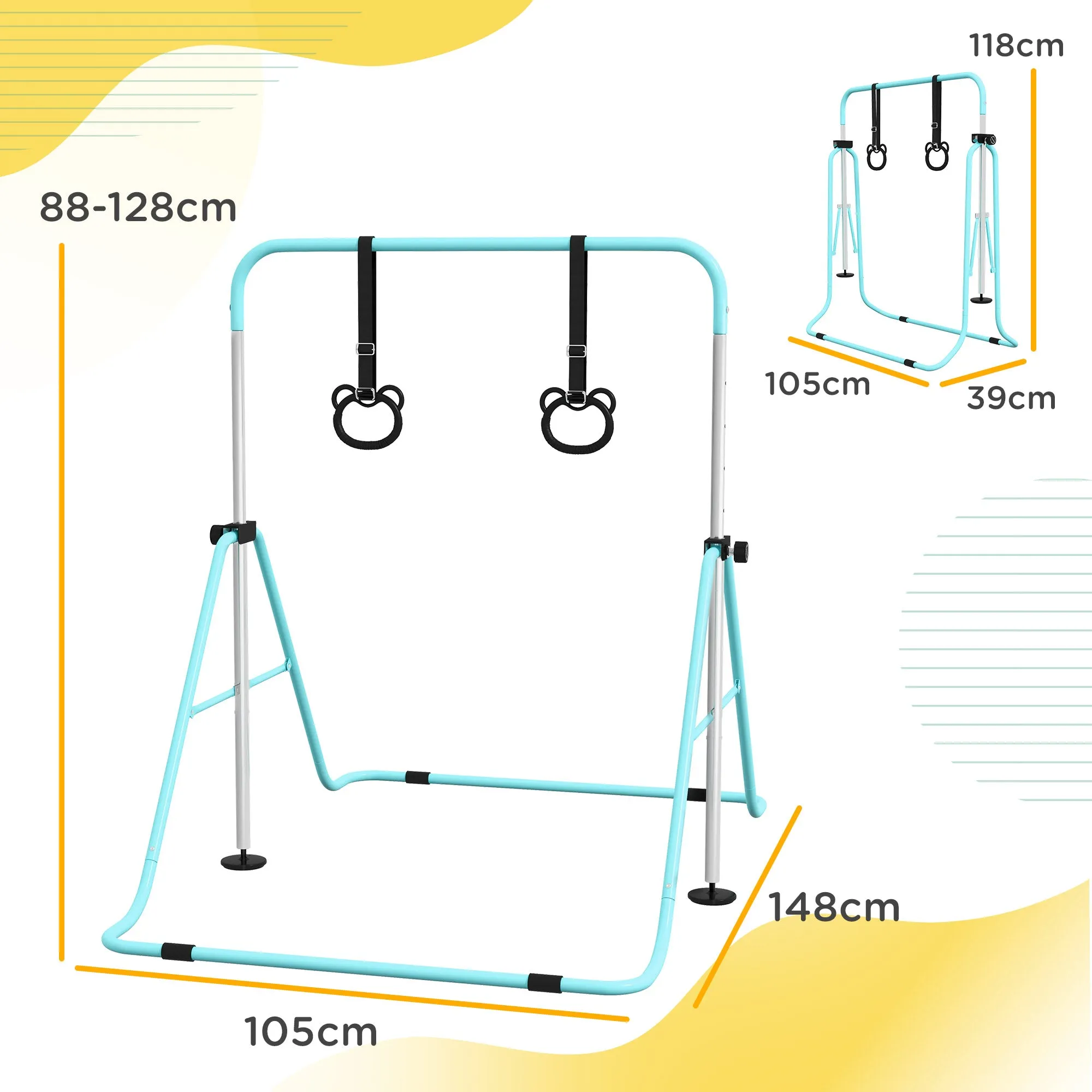 Adjustable Height Foldable Kids Gymnastics Bar with Non-Slip Mats, Green