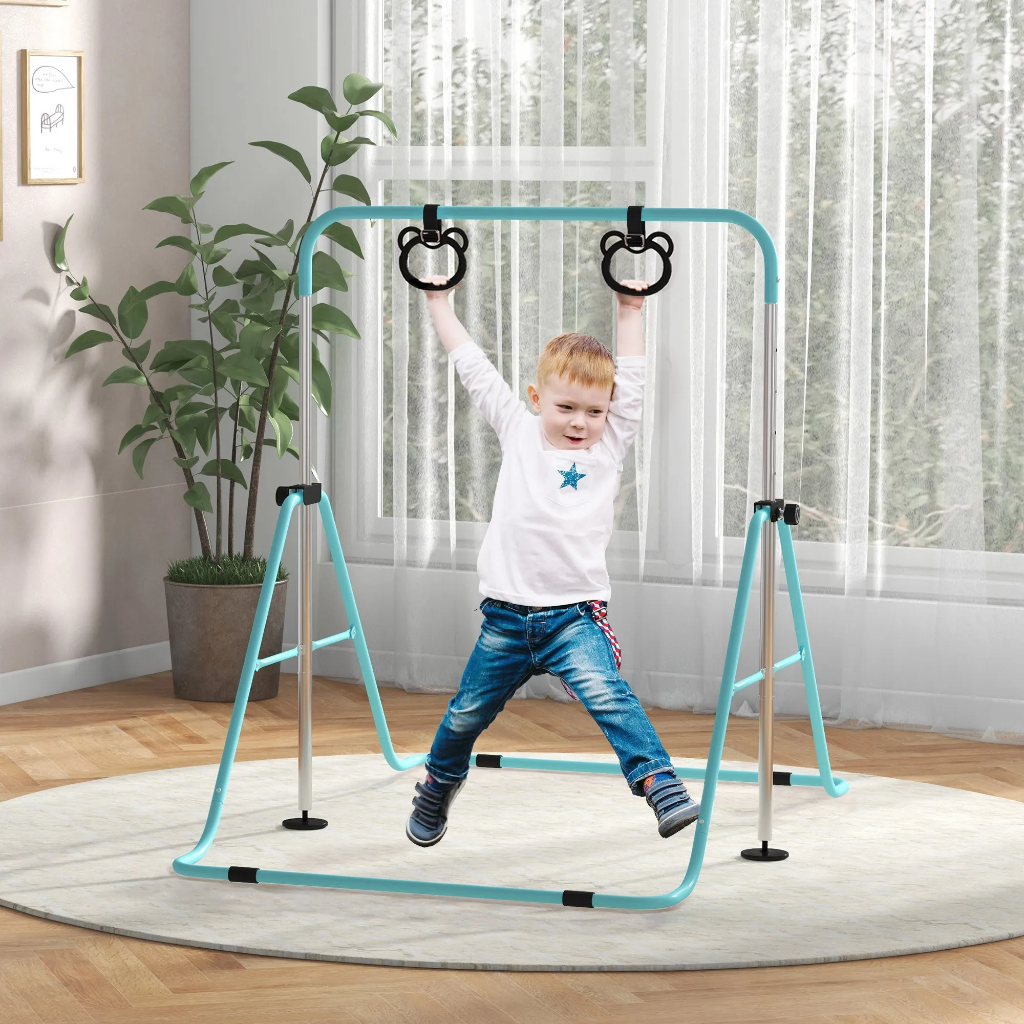 Adjustable Height Foldable Kids Gymnastics Bar with Non-Slip Mats, Green