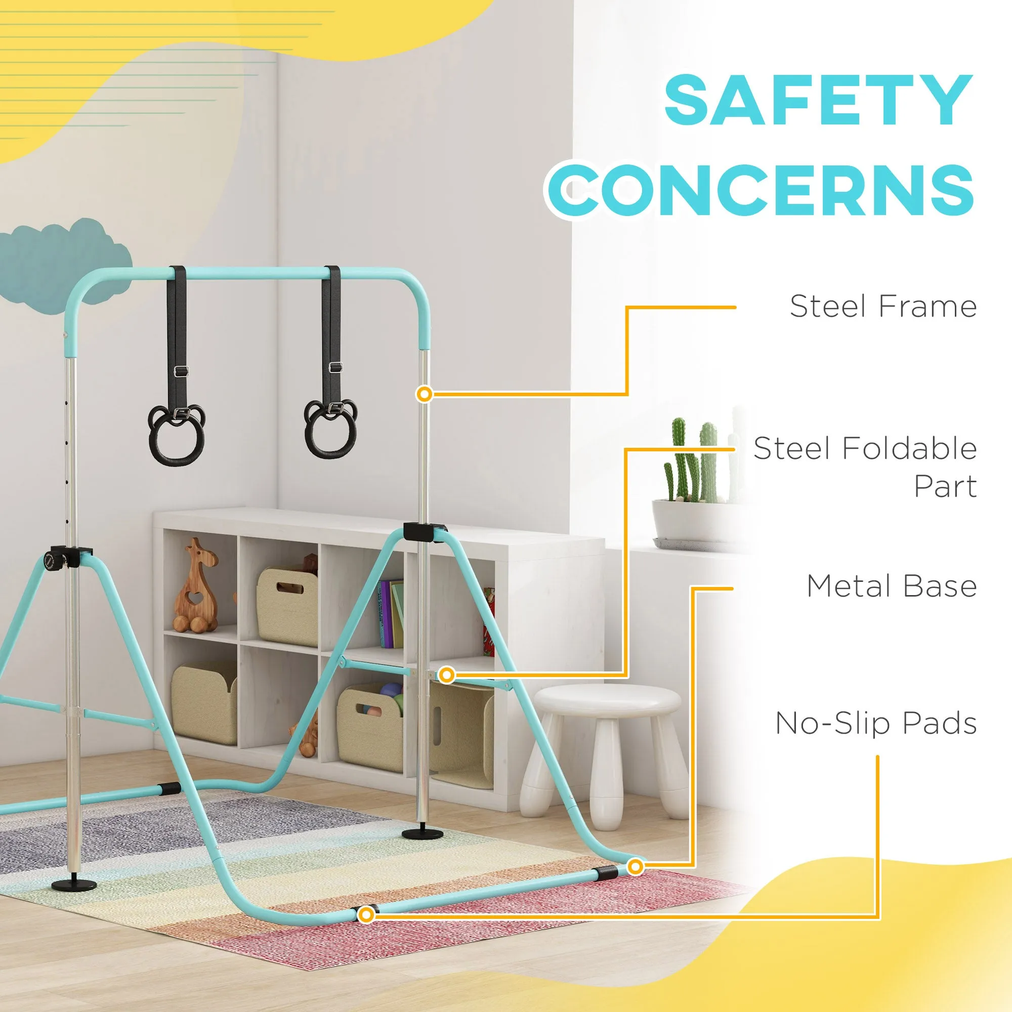 Adjustable Height Foldable Kids Gymnastics Bar with Non-Slip Mats, Green