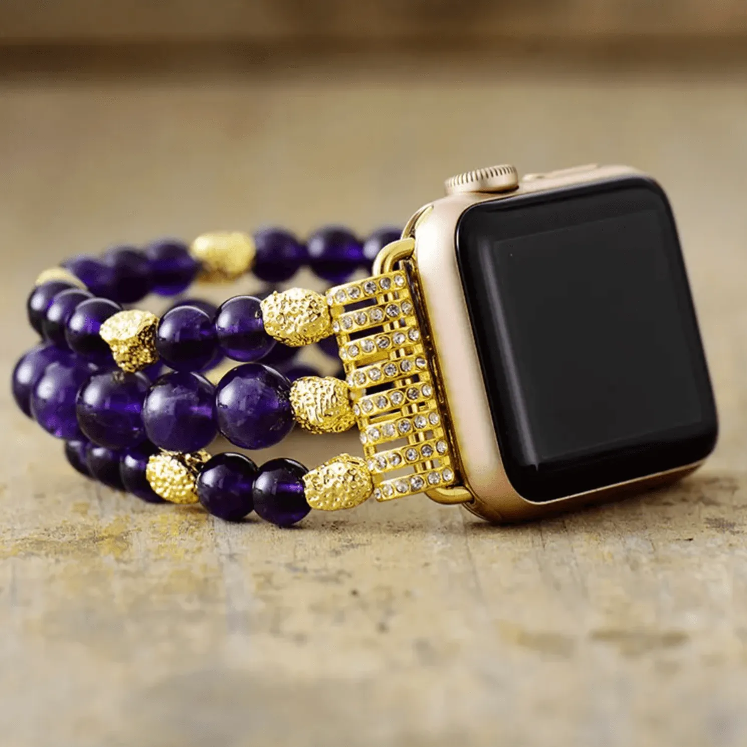 Amethyst Gold Beads Stretchy Apple Watch Band