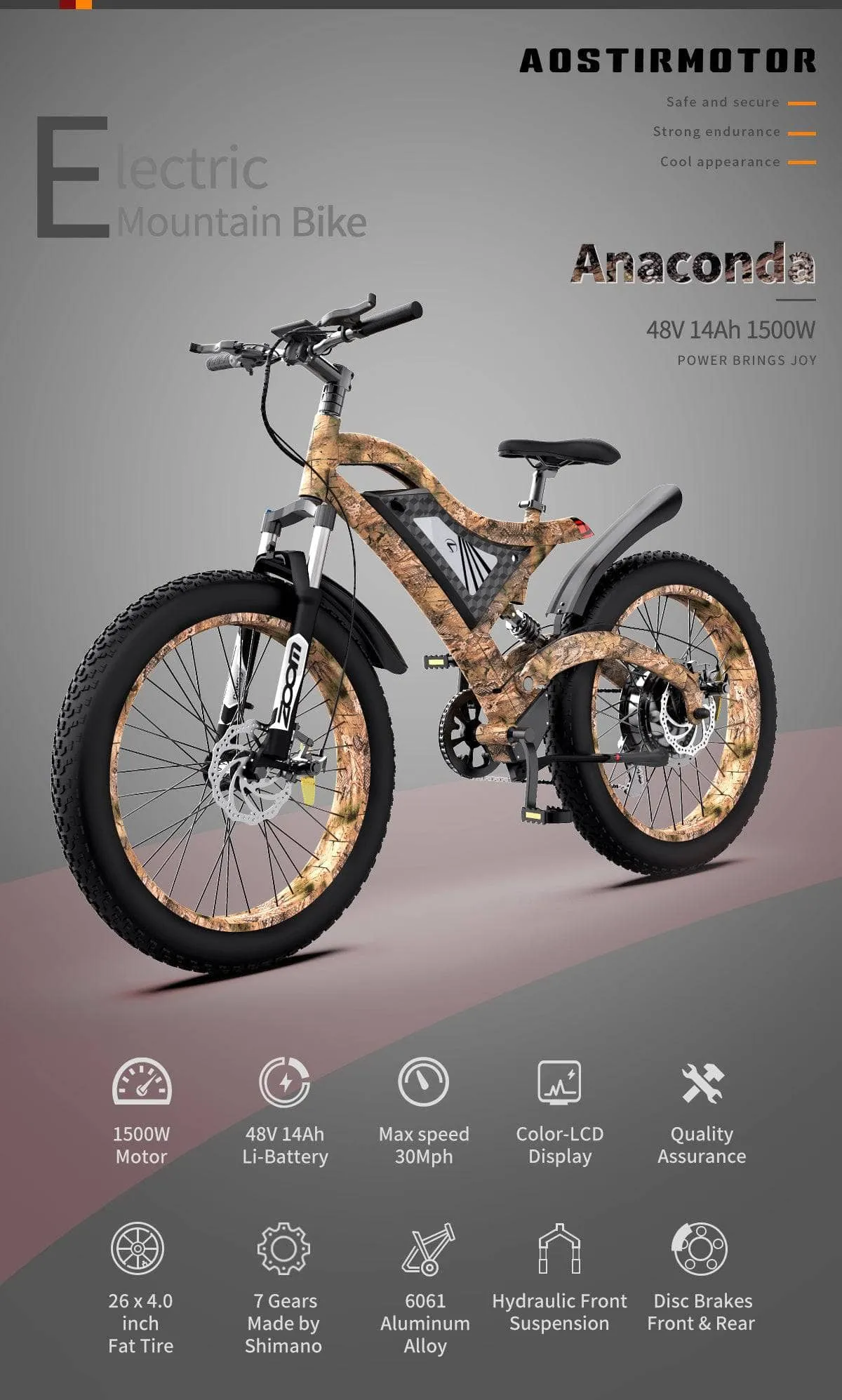 AOSTIRMOTOR S18 1500W 48V All Terrain Fat Tire Electric Hunting Mountain Bike