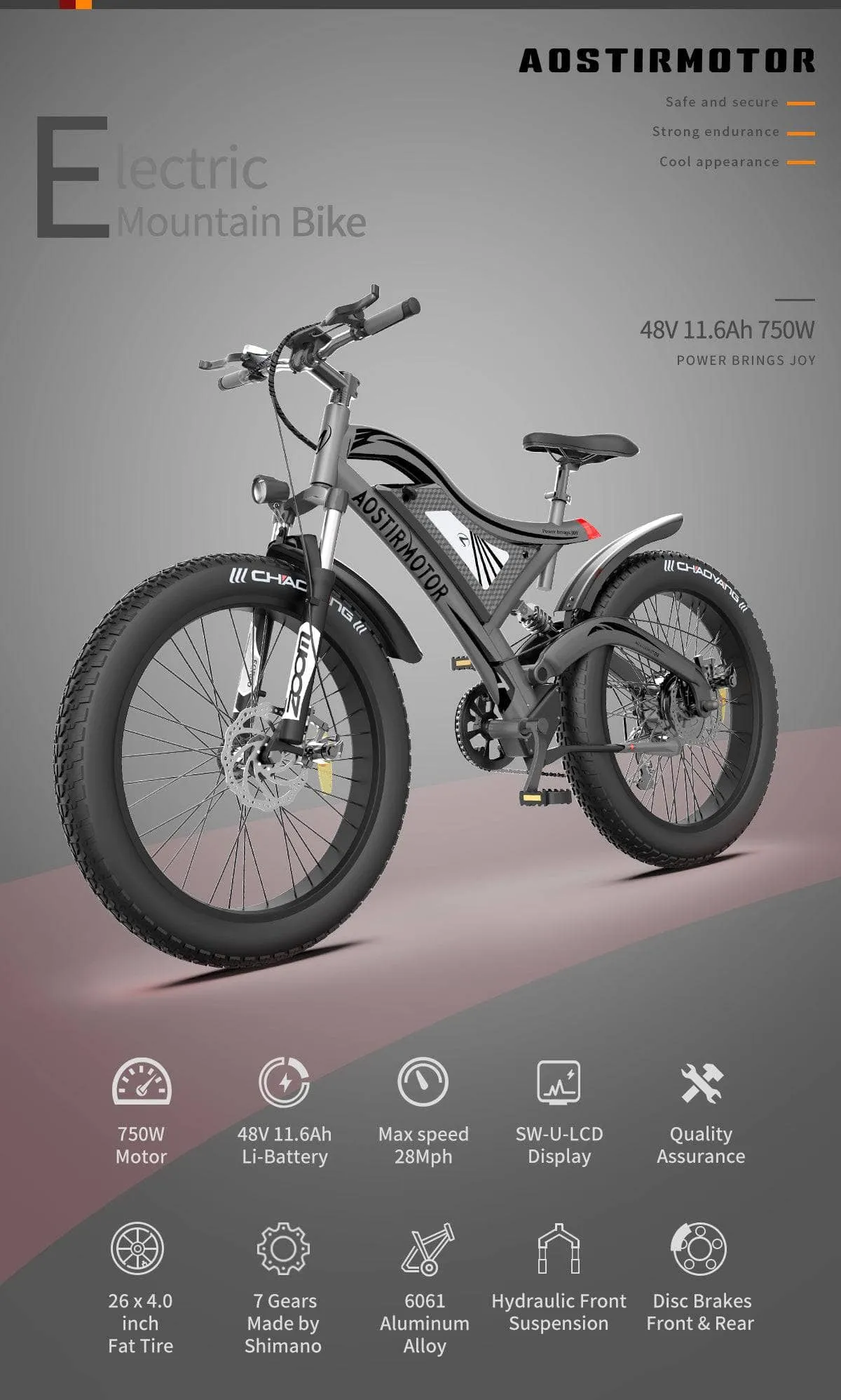 AOSTIRMOTOR S18 All Terrain Fat Tire Electric Mountain Bike 750W 48V