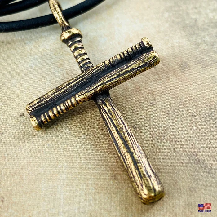 Baseball Bat Cross On Soft Black Rubber Necklace Antique Brass Softball