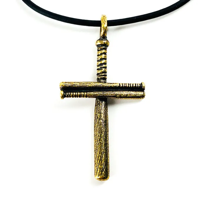 Baseball Bat Cross On Soft Black Rubber Necklace Antique Brass Softball