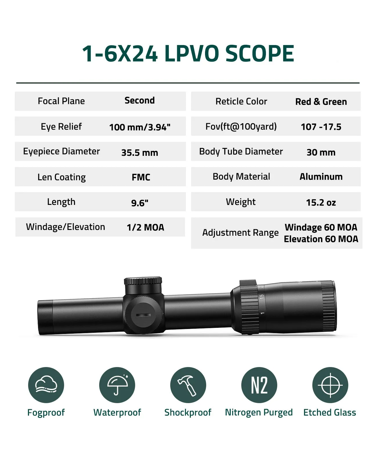 EZshoot 1-6X24 LPVO Rifle Scope with Illuminated BDC Reticle