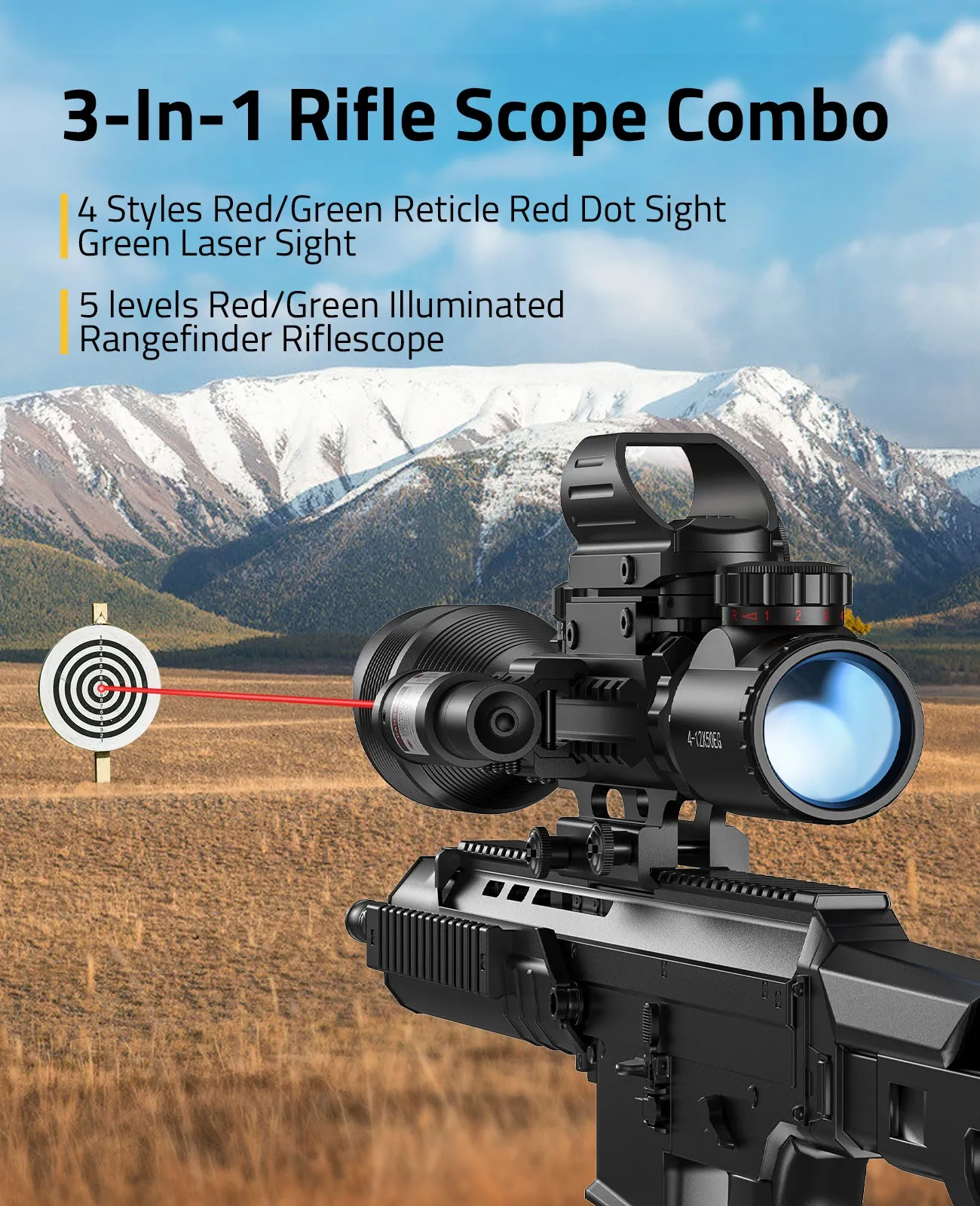 EZshoot Riflescope Combo 4-12x50EG Illuminated Optics with Green Laser Sight and Dot Sight