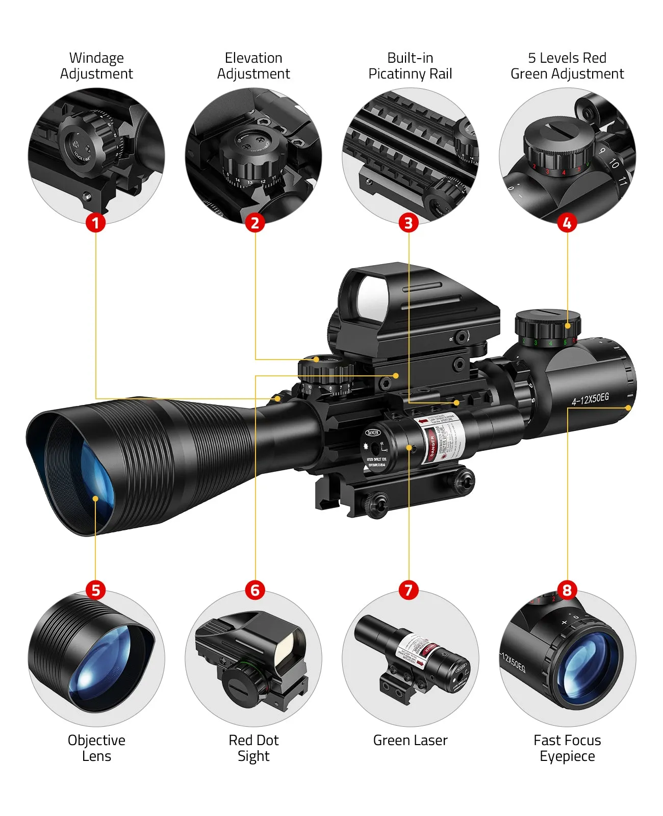 EZshoot Riflescope Combo 4-12x50EG Illuminated Optics with Green Laser Sight and Dot Sight