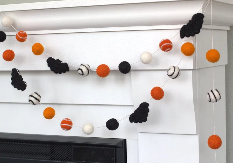 Felt Bat Halloween Garland- Orange & Black, Swirls & Dots