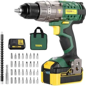 TECCPO Cordless Impact Driver Drill 2.0/4.0Ah Battery With 30/34pcs Accessories, 18V, Self-Locking Metal Chuck - TDHD01P